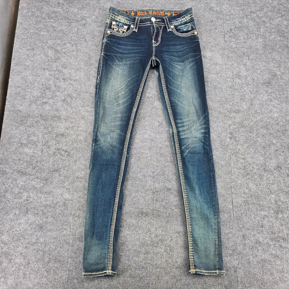 Rock Revival Janelle Skinny Jeans Size 26 Medium Wash Contrast Stitch Low Rise